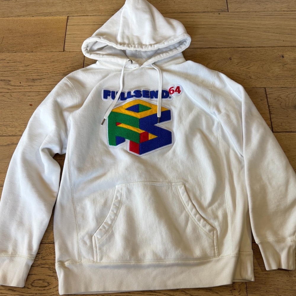 Full Send Hoodie Medium White Excellent Chenille Patch N64 Inspired (1812)
